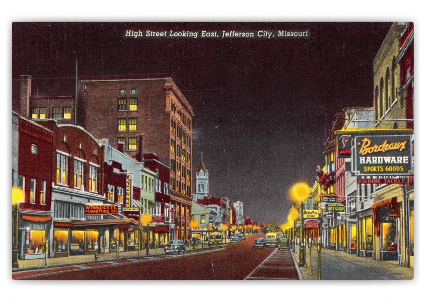 Jefferson City, Missouri, High Street looking east at night