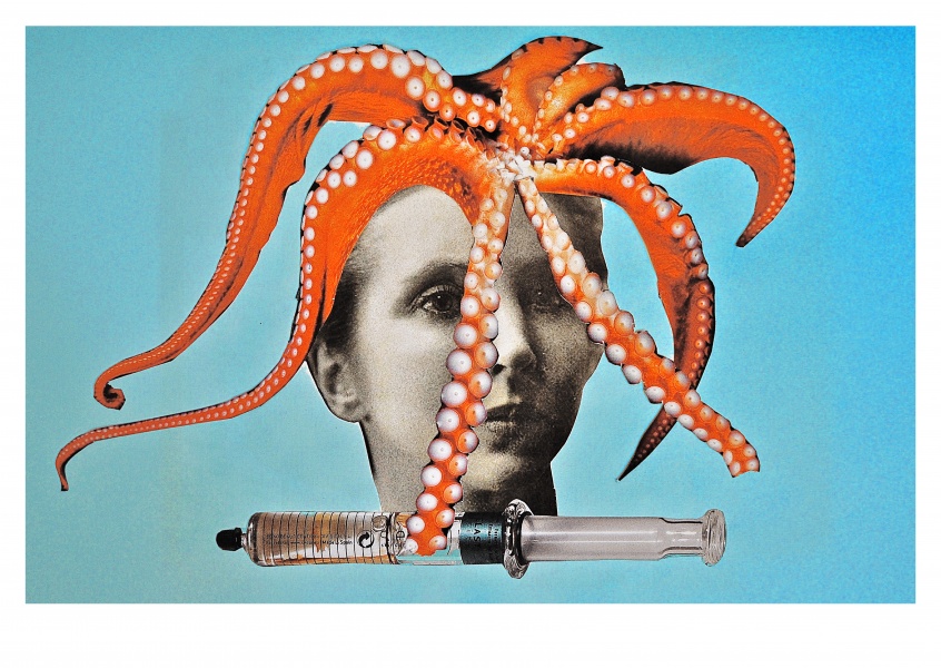 Collage von Belrost mit Oktopus, Frauenkop und Spritze