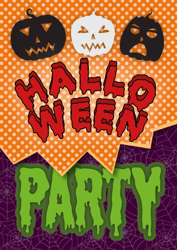 Halloween Party Einladung mit Kürbissen und Spinnennetzen