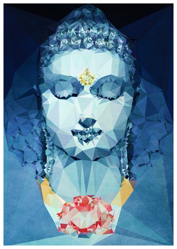 Blauer Buddha mit geschlossenen Augen als Polygon Illustration in blau