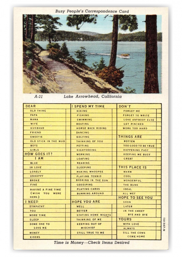 Lake Arrowhead California Busy People's Correspondence Card