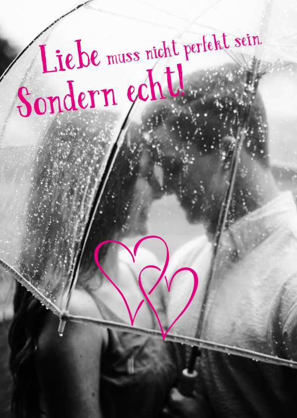 Foto von Liebespaar unterm Regenschirm mit pinken Herzen und pinker Schrift