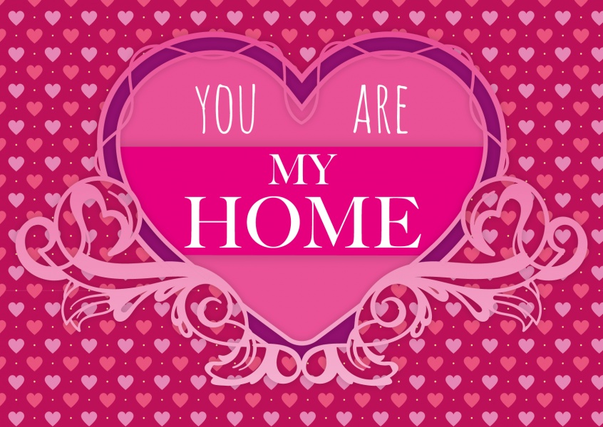 you are my home quote postcard pink hearts
