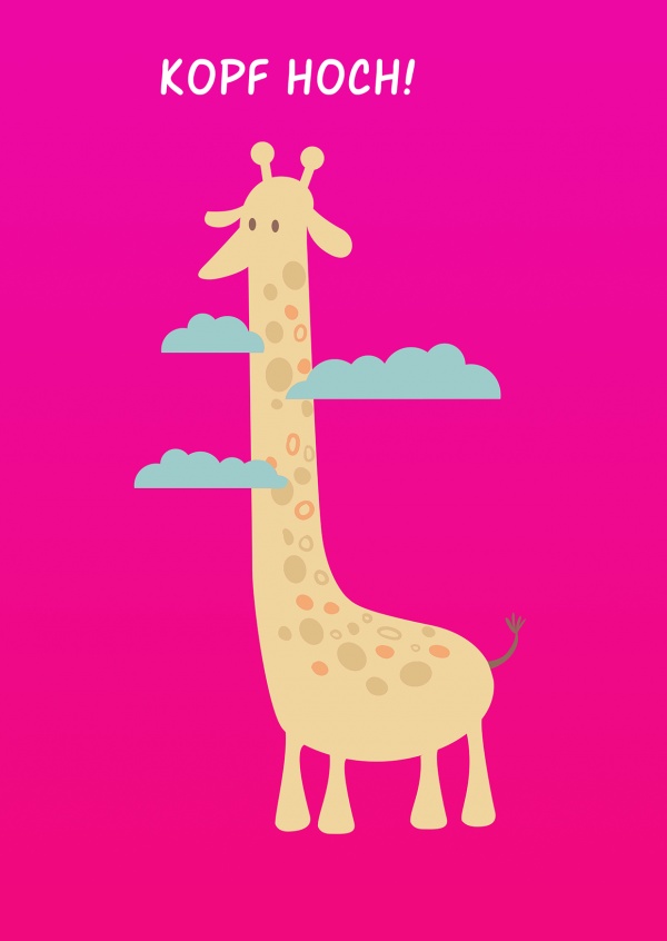 Süße pinke grusskarte mit gezeichneter giraffe und dem spruch kopf hoch