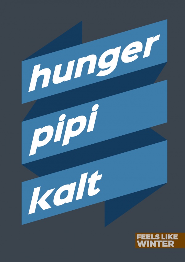 grusskarte zum winter mit Blauer grafik mit weiÃŸer schrift hunger pipi kalt
