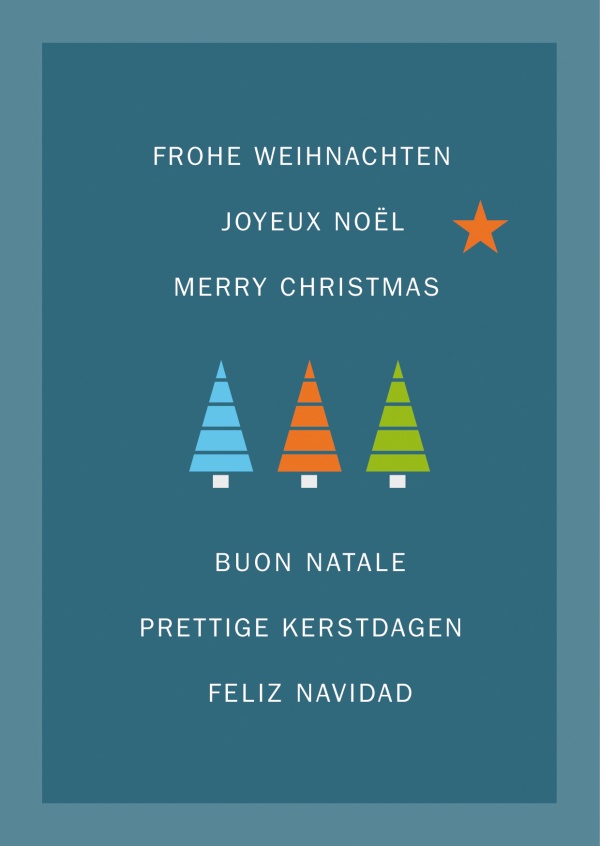 Navidad en varios idiomas con 3 pequeños árboles