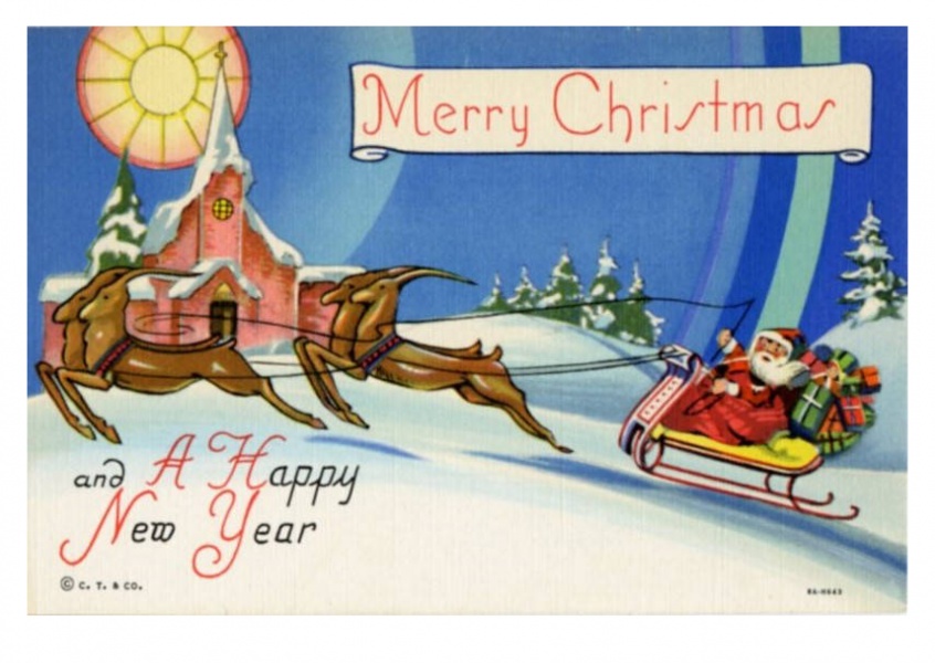 Curt Teich Postcard Archives Collection  Merry Christmas_santa_and_his_reindeer