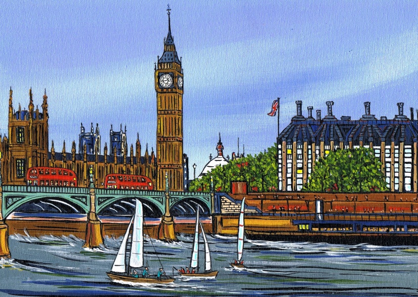 Ilustración del Sur de Londres, el Artista Dan jugando en el agua