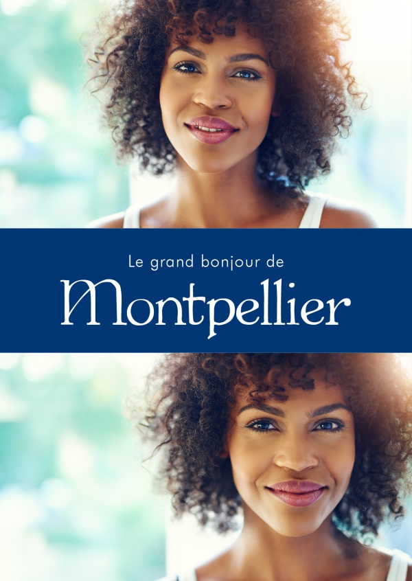 Montpellier saludos en francés, lengua azul, blanco