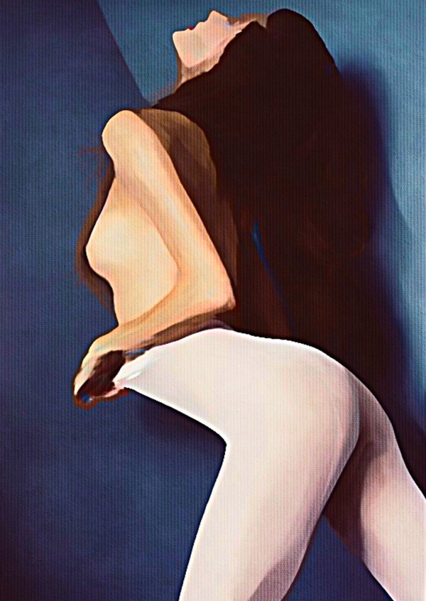 Kubistika Frau mit nacktem Oberkörper in Strumpfhose