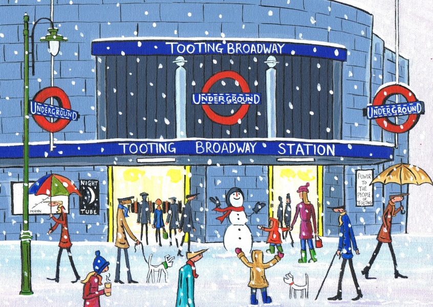 Ilustración del Sur de Londres, el Artista Dan la Navidad en Tooting