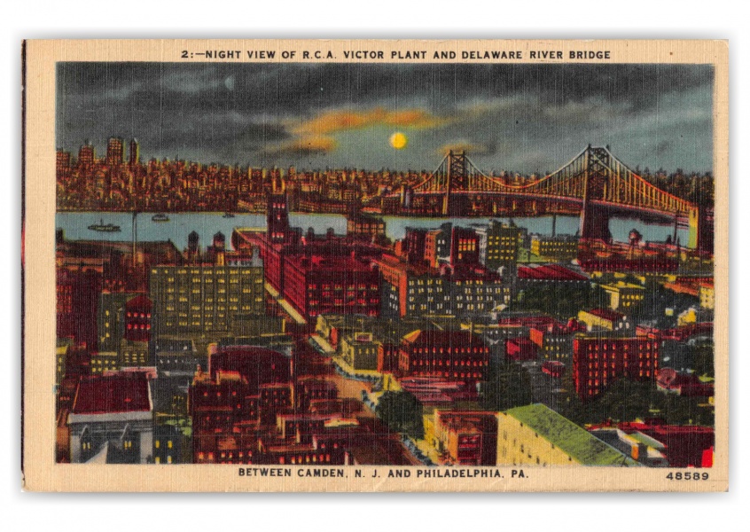 Philadelphia Pennsylvania RCA Victor Plant and Delaware River Bridge at Night