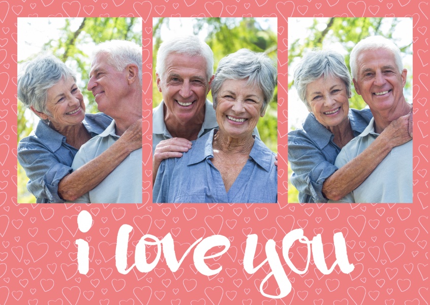 I love you triplet collage with salmon-coloured background pattern