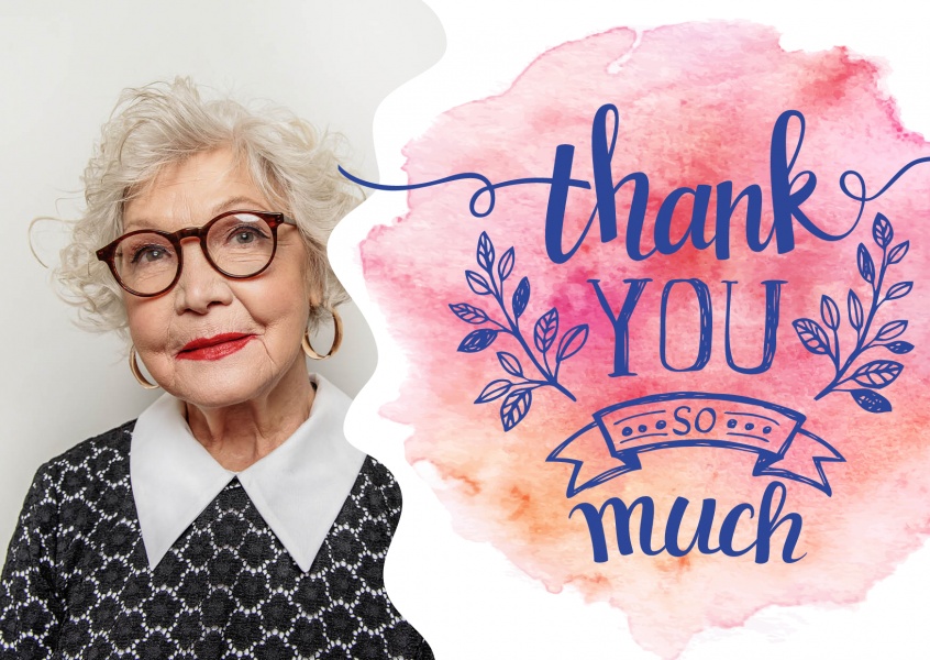 thank you so much in purple lettering on watercolour paper background