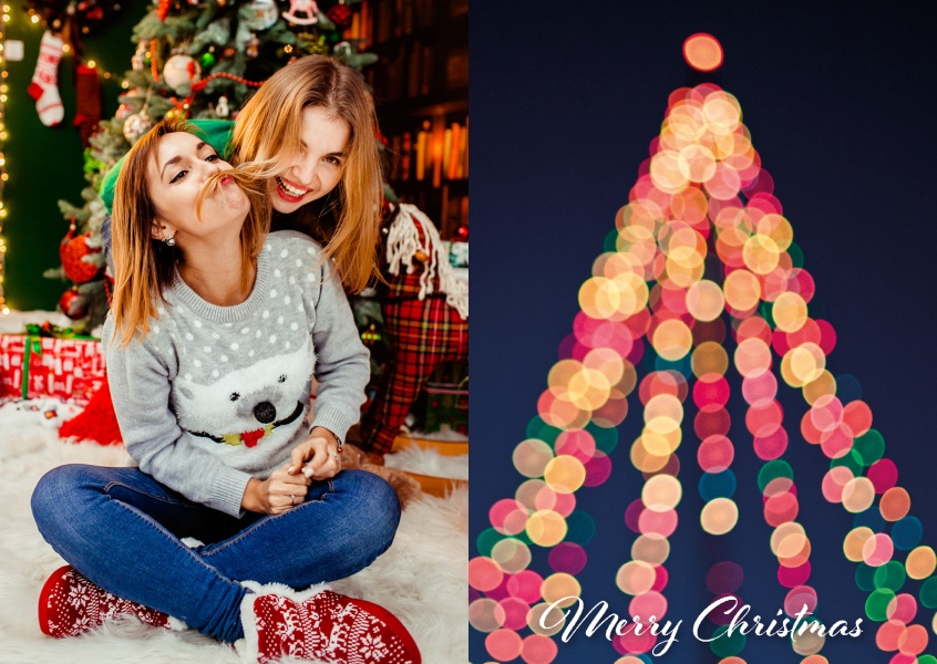 Greeting card with a photo of a colorful shining christmas tree