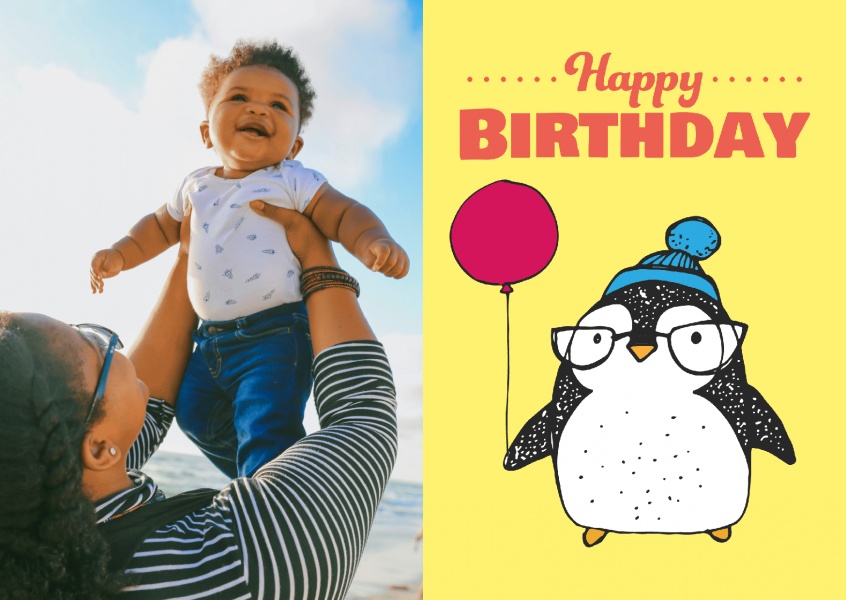 Birthday postcard with cute penguin with a balloon
