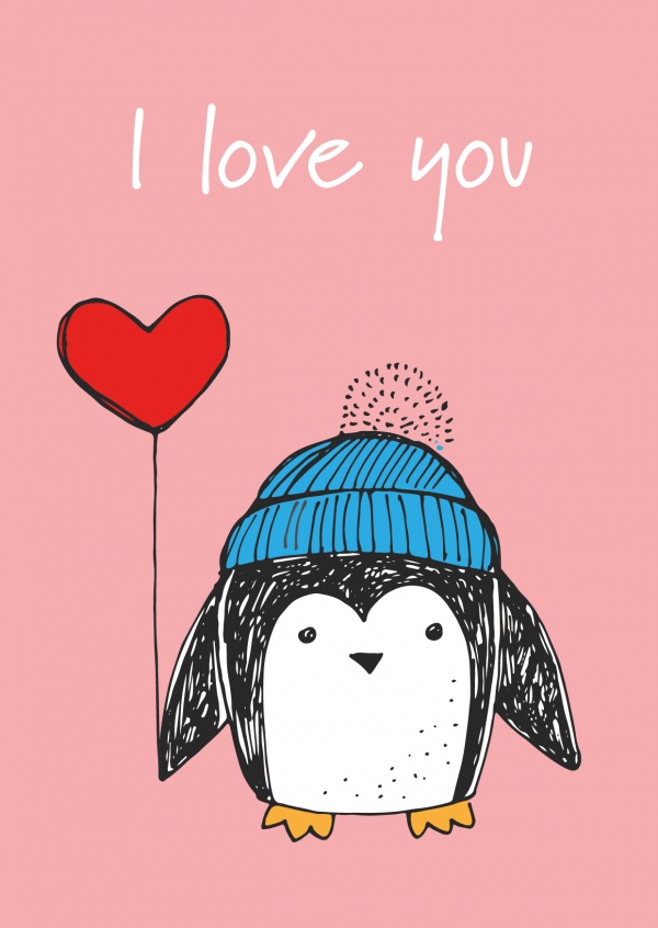 Love postcard with little penguin which carries a balloon