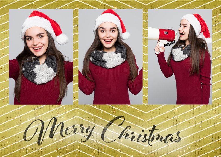 Christmas greeting card wishes Merry Christmas with golden and white stripes