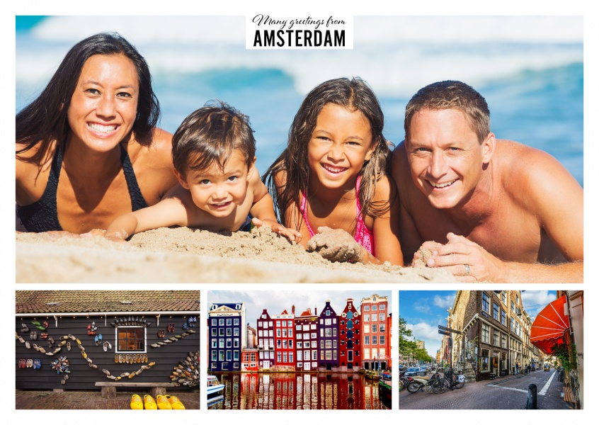 Personalizable greeting card from Amsterdam with three photos showing the canals, doll houses and bikes