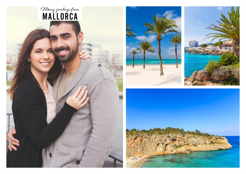Personalizable greeting card from Mallorca in Spain with photos of the beautiful beaches and the ocean