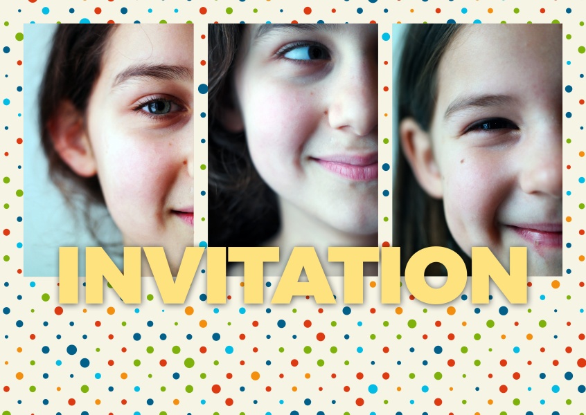 Personalizable invitation postcard with colorful polkadots