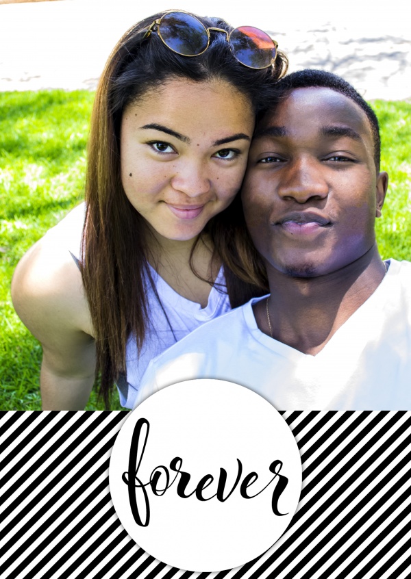 personalizable love postcard with black and white stripes and a forever logo on the left