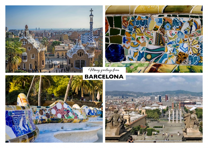 photo collage with 4 pictures of Barcelona showing Park GÃ¼ell, city centre square and ceramic patterns