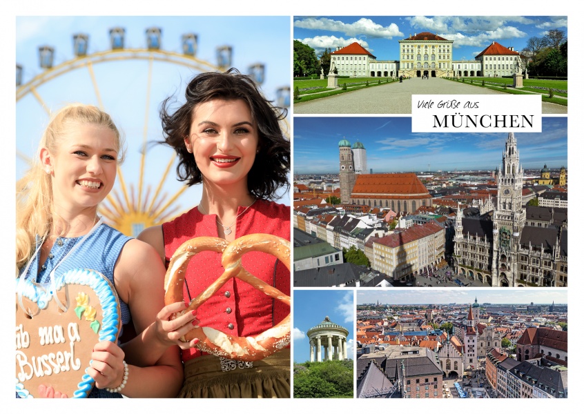 multipic photocollage of Munich inkluding city hall, monopteros and view above the city