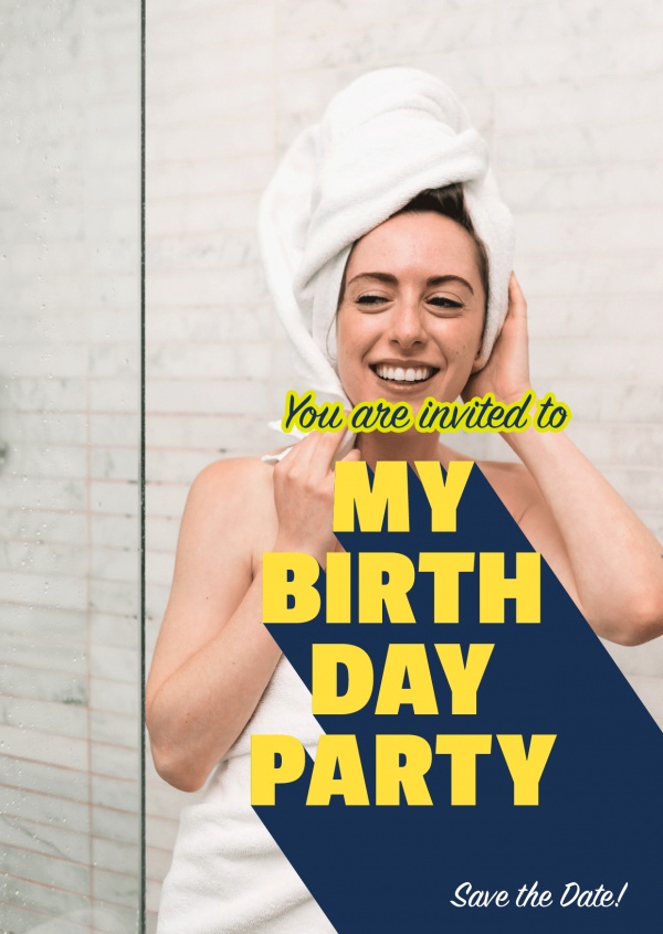 bold modern lettering in yellow with blue shadow inviting to birthday party