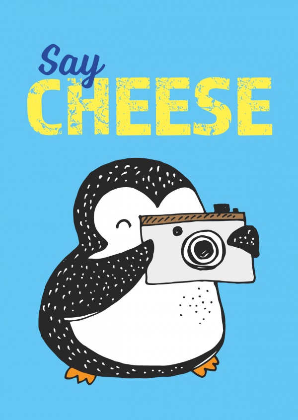 Postkarte mit süßem Pinguin, der ein Foto macht