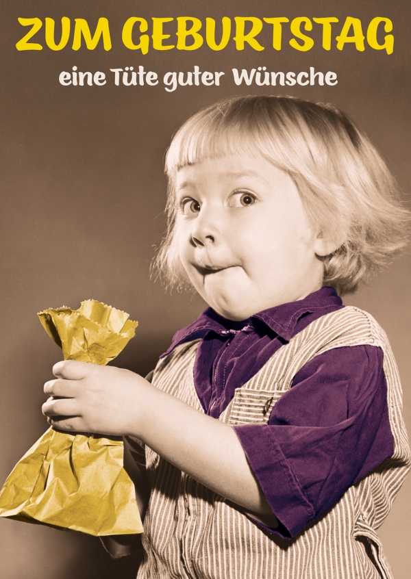 Geburtstagsgrußkarte mit Foto eines kleinen Mädchens mit einer Tüte