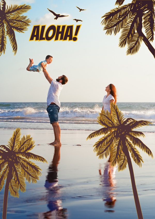 Grafik von Palmen am Strand mit Text aloha in Retroschrift