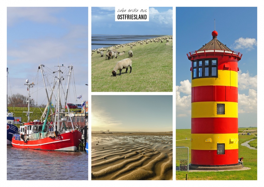 vier fotos mit leuchtturm, schafen, dünen, meer und strand in ostfriesland als collage