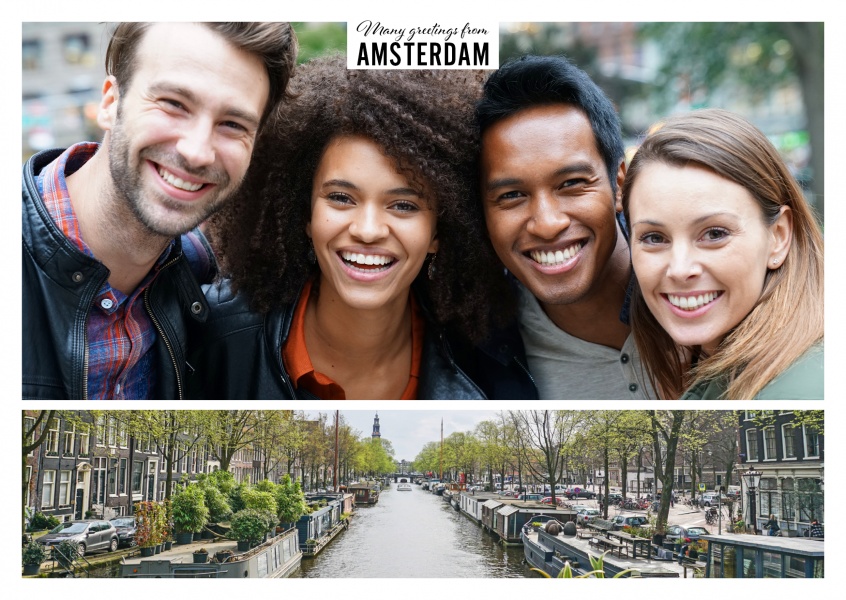 Personalisierbare Grußkarte aus Amsterdam mit Panormafoto von Stadtkern und Bahnhof