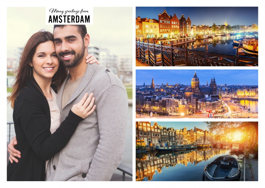 Personalisierbare Grußkarte aus Amsterdam mit 3 vorgefertigten Fotos, die Amsterdam bei Nacht zeigen
