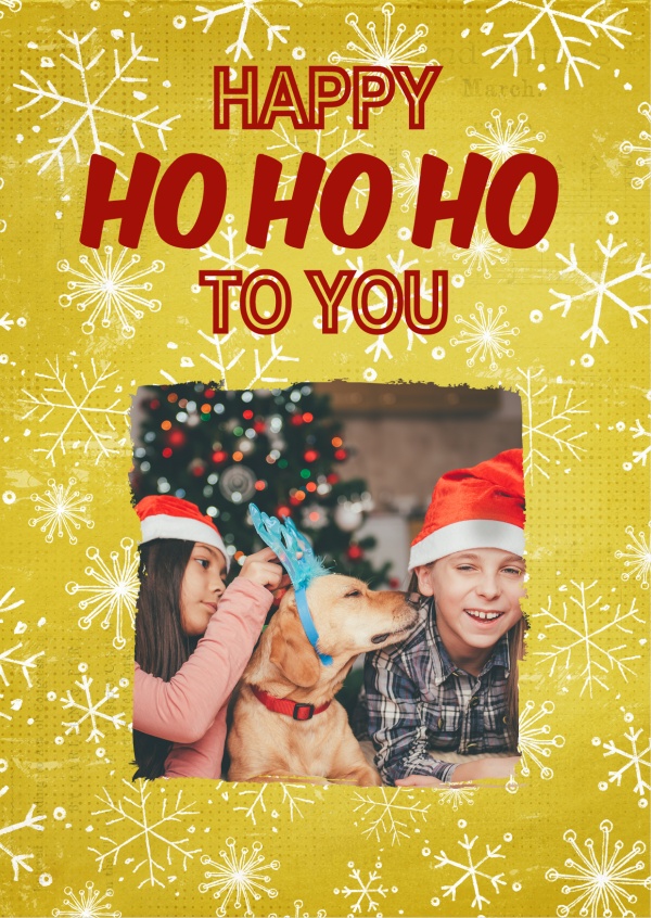 Personalisierbare Weihnachtskarte mit Schneeflocken Muster wünscht Happy Ho ho ho