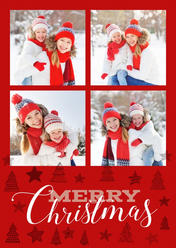 Personalisierbare Weihnachtskarte für vier Fotos mit weihnachtlichen Illustrationen