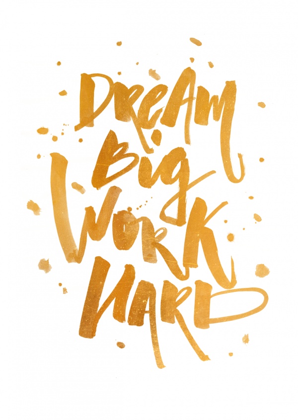 Dream big work hard-Spruch in schwarzer Kalligrafie–mypostcard