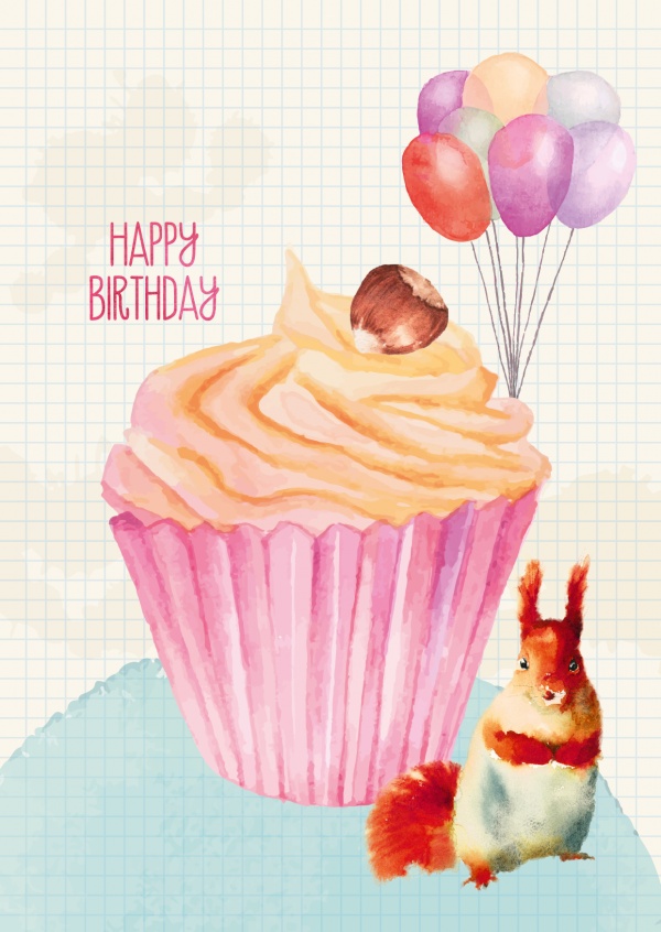 Happy Birthday illustration with muffin and squirrel painted in water colour–mypostcard
