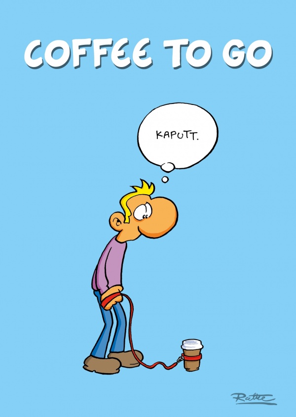 Ruthe Cartoon: Mann mit Kaffebecher an Hundeleineâ€“mypostcard