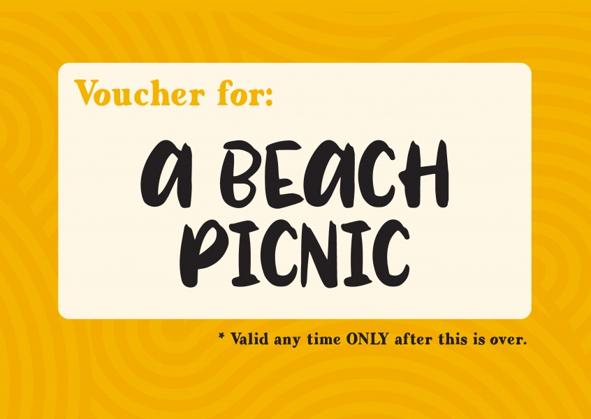 cartolina di avviso Voucher per: un pic-nic in spiaggia (valido solo quando questa è finita)