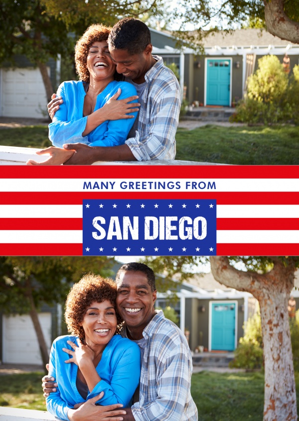 San Diego greetings in US-flag design