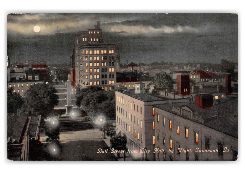 Savannah Georgia Bull Street from City Hall by Night