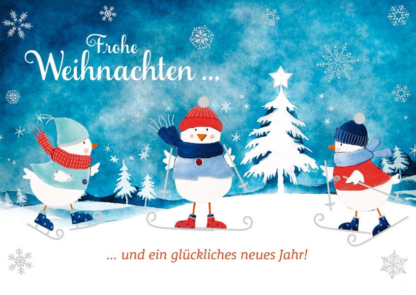 Drei Schneemänner fahren Ski süße Weihnachtskarte Mütze Schal