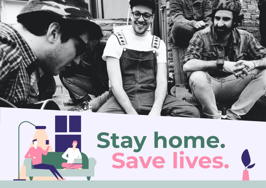 postcard saying Stay home. Save lives.