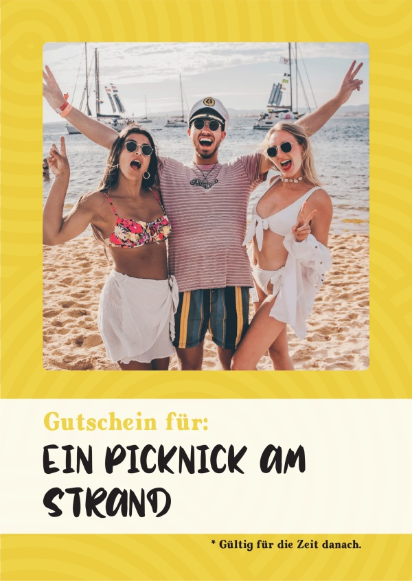 postcard saying Gutschein für ein Picknick am Strand (gültig für die Zeit danach)