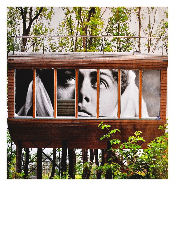 Collage by Belrost with Saint in wood house