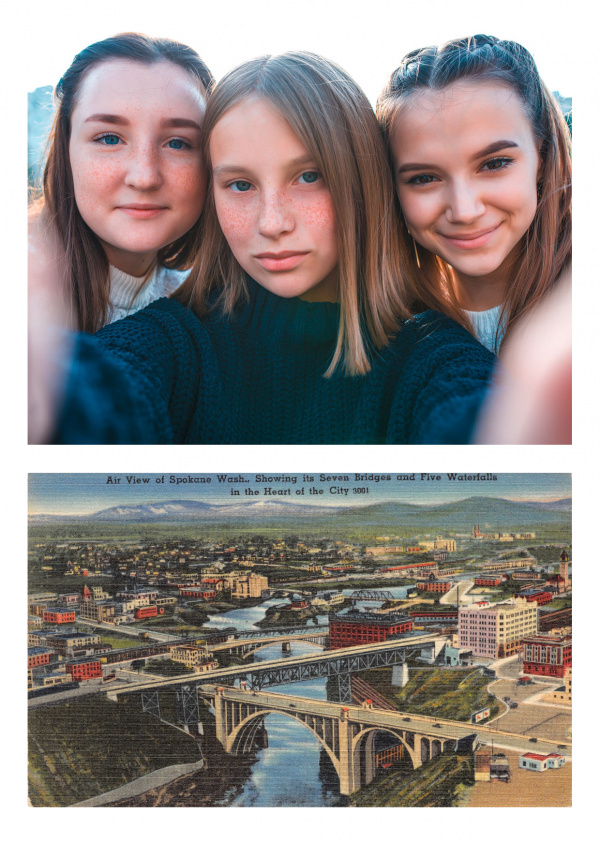 Spokane, Washington, air view of seven bridges and five waterfalls