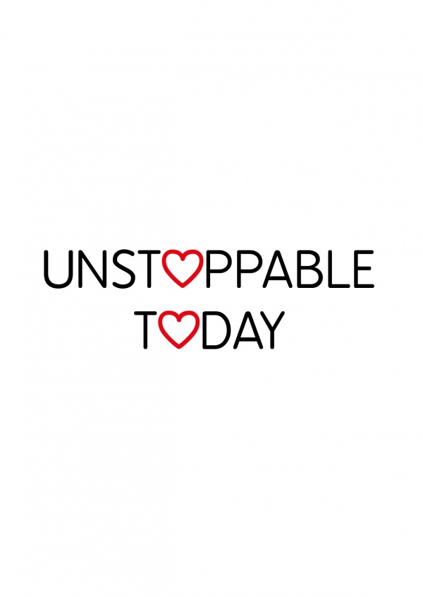 Unstoppable today-Spruch in schwarzer Schrift auf weissem Hintergrund mit Herzen–mypostcard