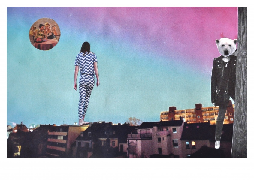collage by belrost with houses, woman and bear